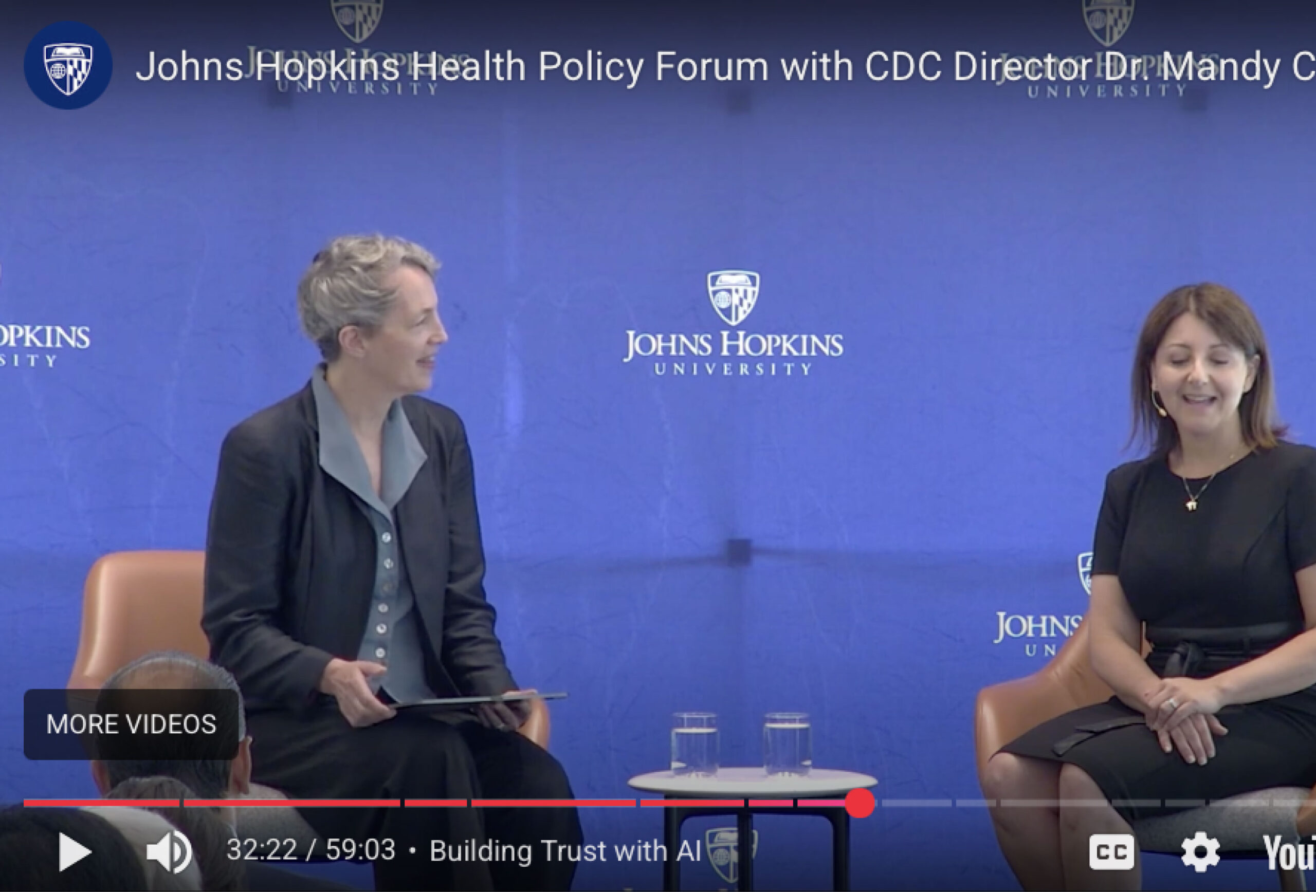 Johns Hopkins forum: Dr. Szanton and CDC Director Cohen discussing healthcare policy.